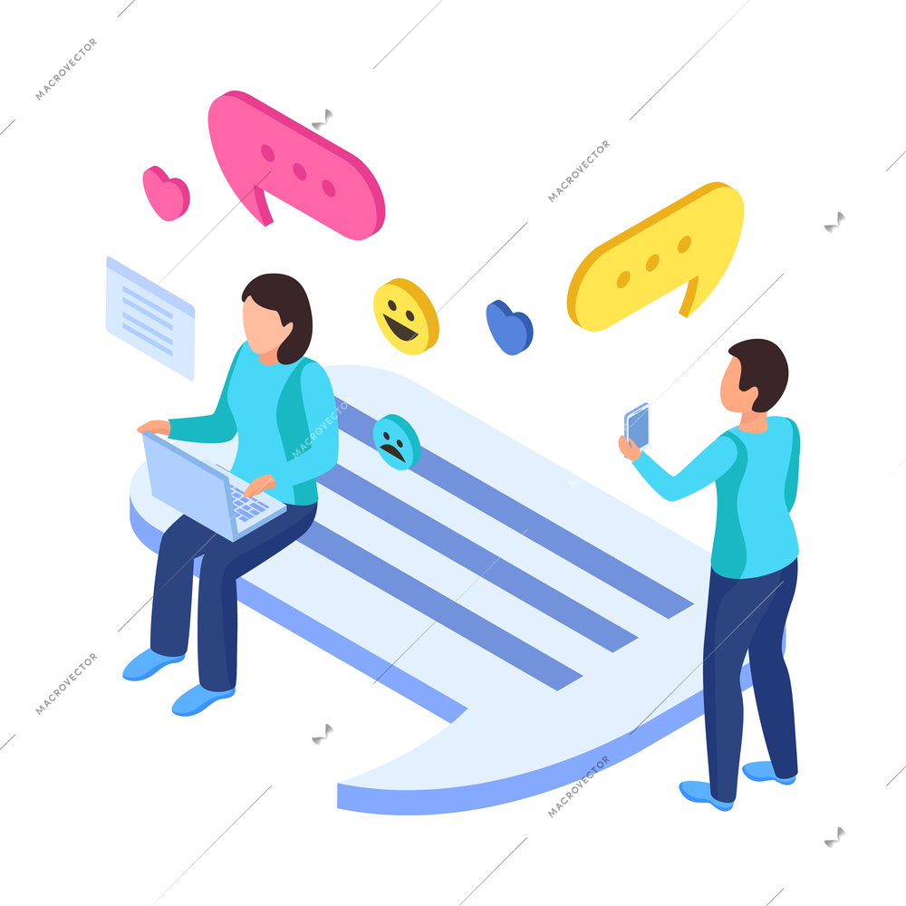 Isometric icon with chatting online symbols and human characters vector illustration