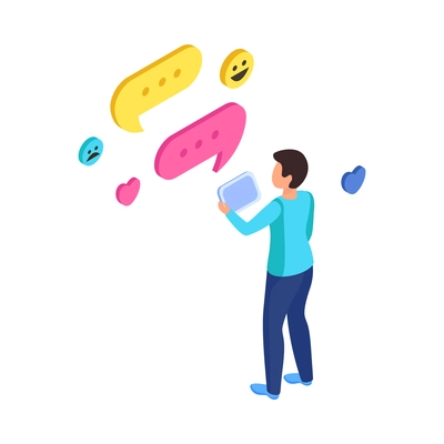 Chatting in social media isometric icon with male character message bubbles emotions 3d vector illustration