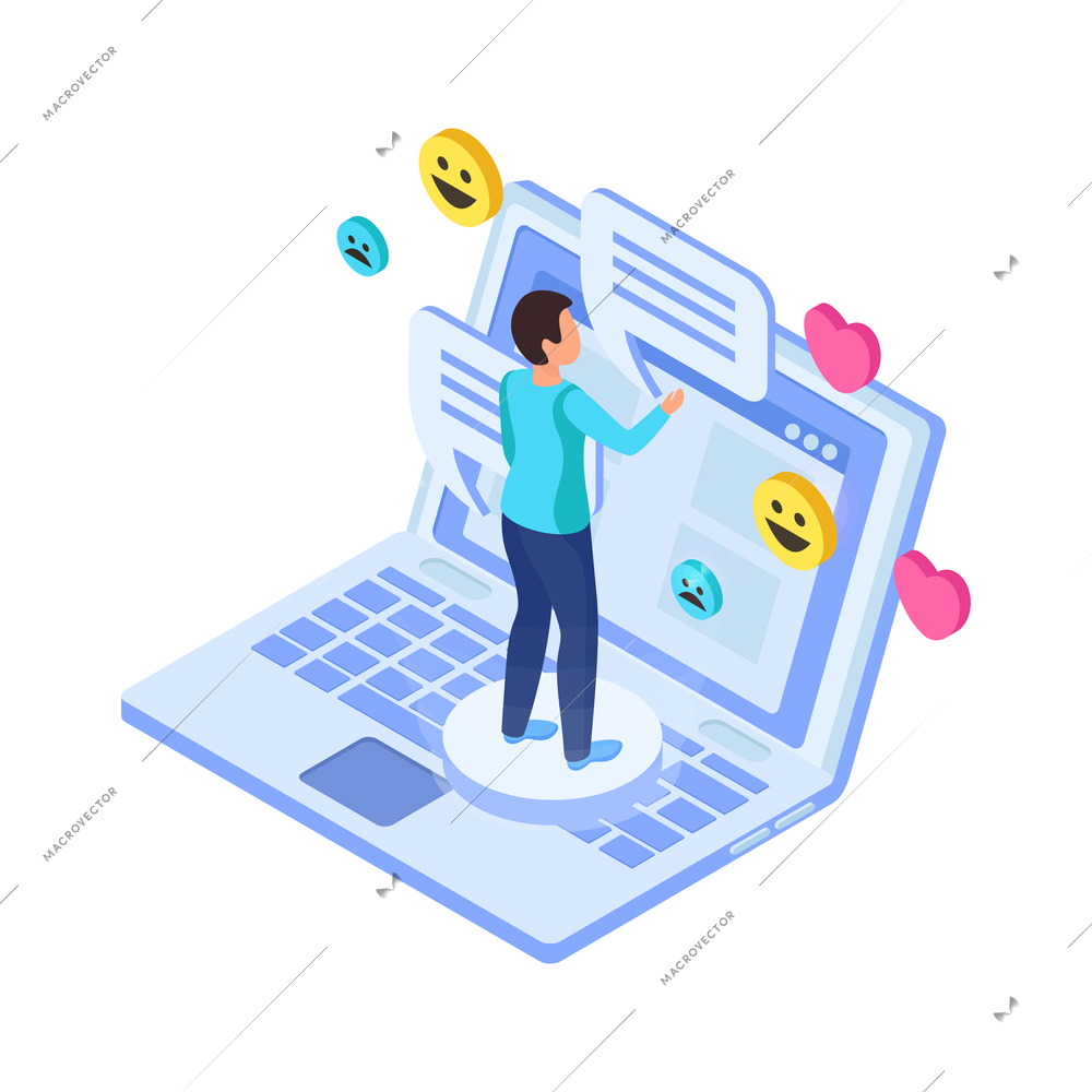 Isometric icon with online chatting symbols man and laptop 3d vector illustration