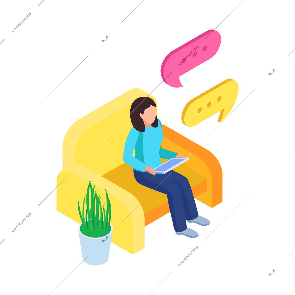 Woman chatting on tablet isometric icon with message bubbles 3d vector illustration