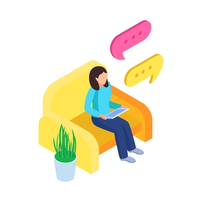 Woman chatting on tablet isometric icon with message bubbles 3d vector illustration