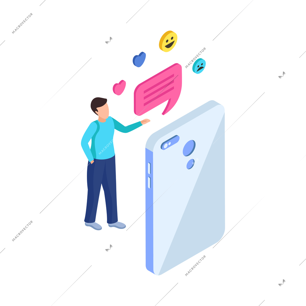 Isometric 3d icon with chatting online symbols smartphone and human character vector illustration