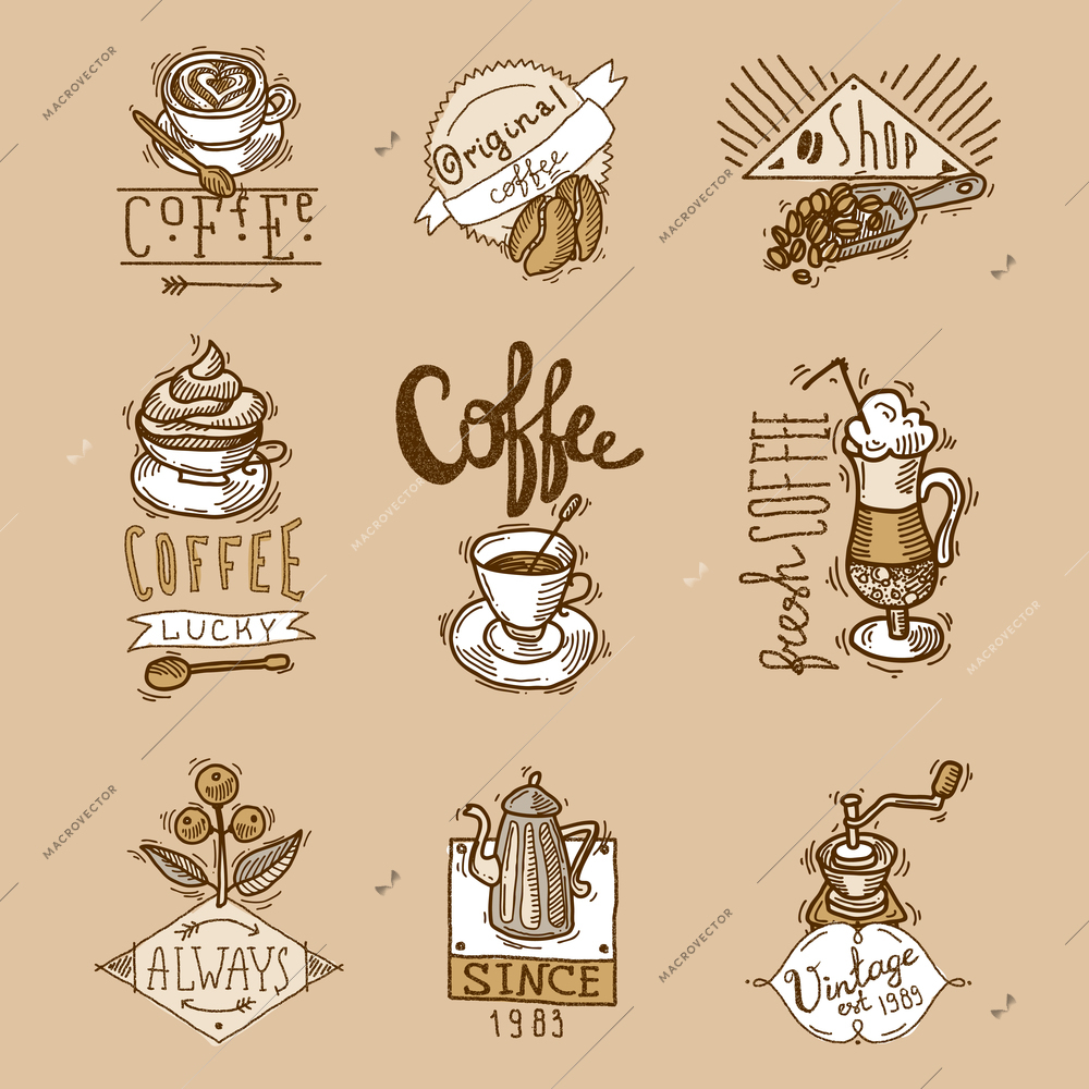 Coffee cuos vintage original espresso sketch labels set isolated vector illustration