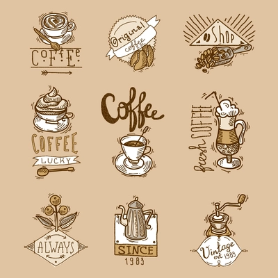 Coffee cuos vintage original espresso sketch labels set isolated vector illustration