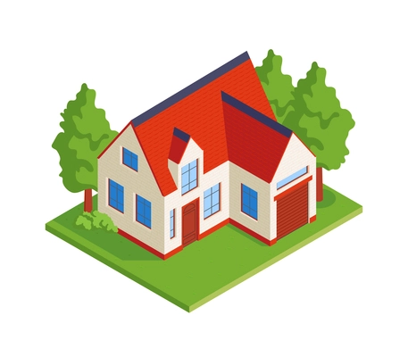 Modern brick residential house with garage in green garden isometric icon 3d vector illustration