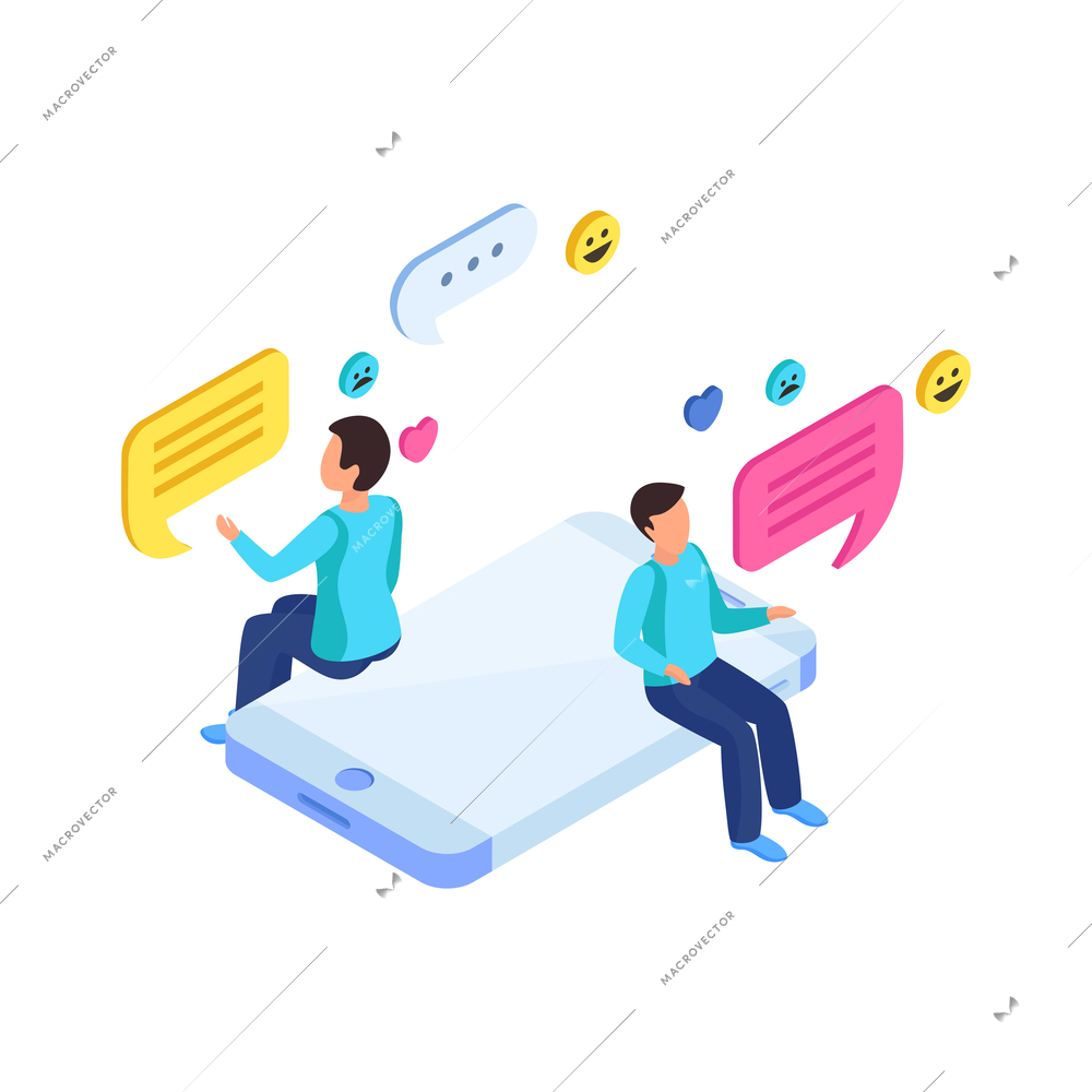People chatting in socia media isometric icon with smartphone human characters emotions message bubbles vector illustration