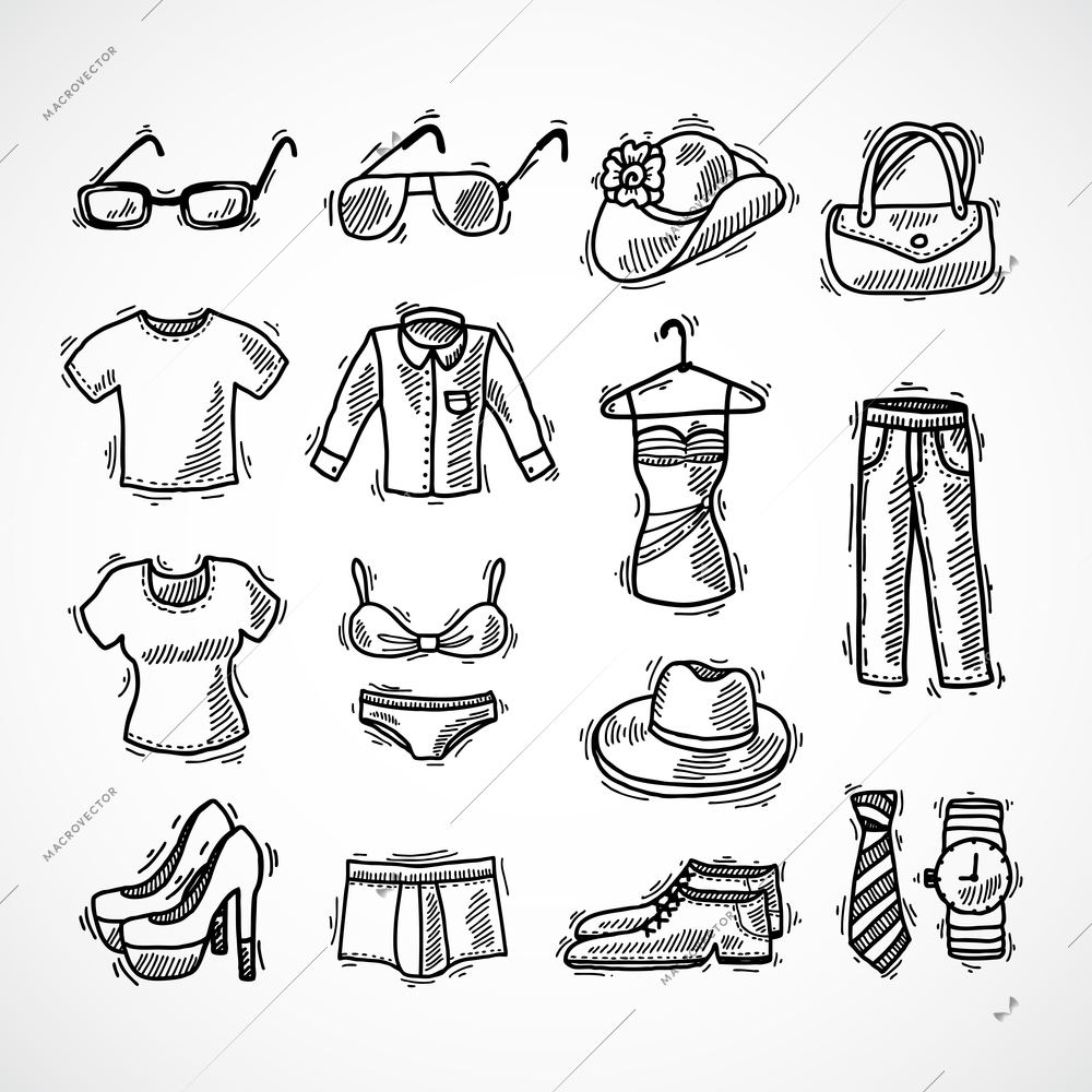 Fashion decorative icons set with glasses hat bag dress sketch isolated vector illustration