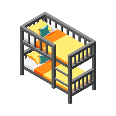 Wooden bunk beds with pillows and blankets isometric icon 3d vector illustration