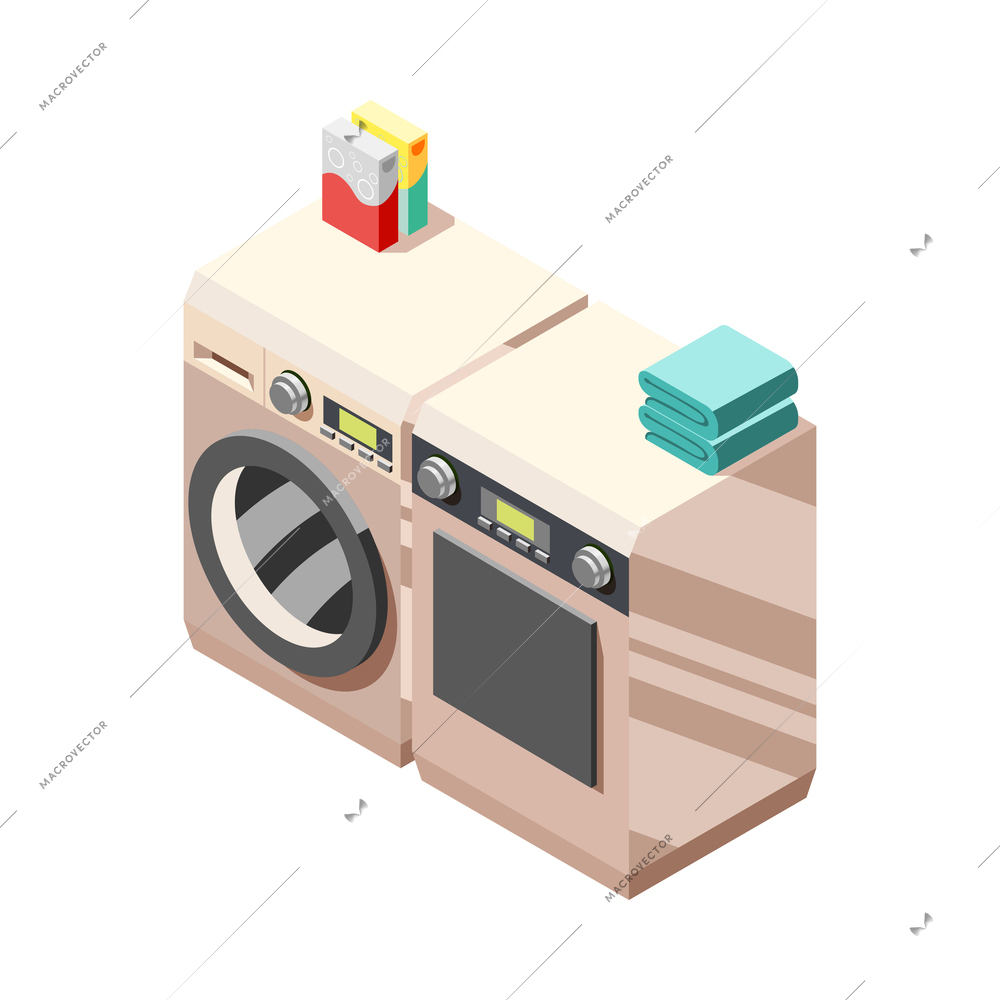 Modern washing machine and dryer for laundry room isometric icon 3d vector illustration