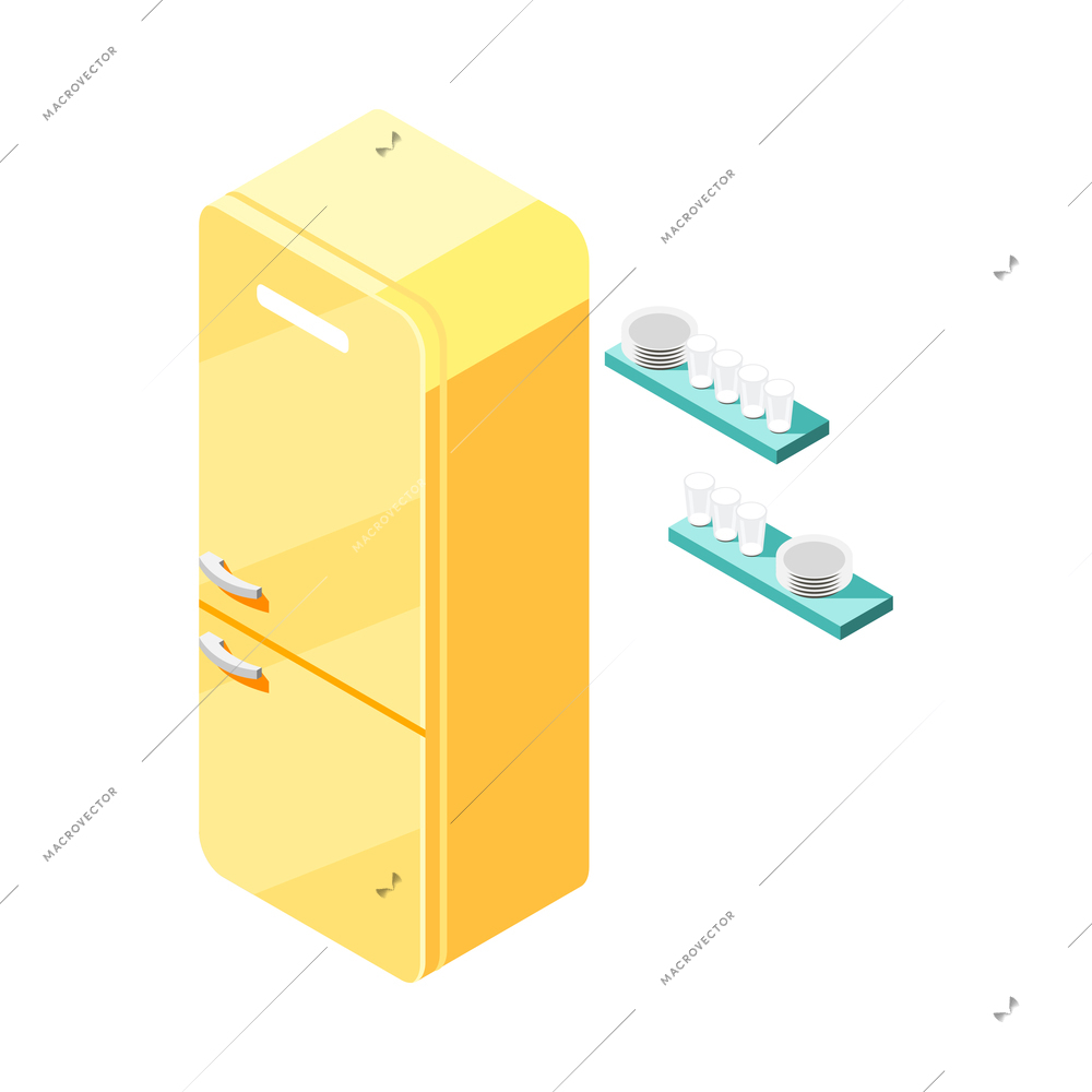 Kitchen interior isometric icon with yellow fridge plates and glasses on sheves 3d vector illustration