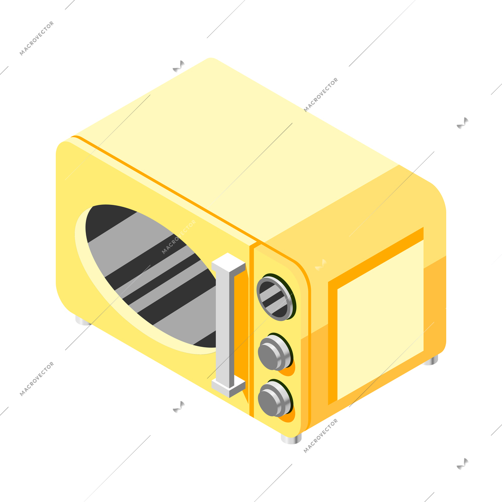 Retro yellow microwave oven isometric icon on white background 3d vector illustration