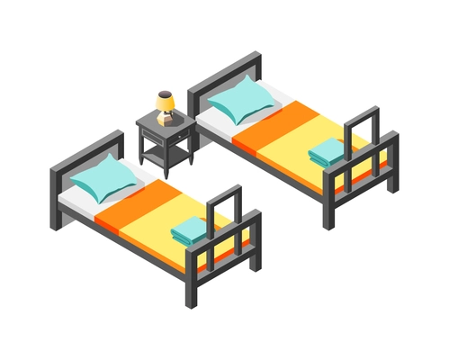 Isometric interior of hostel bedroom with two single beds and bedside table 3d vector illustration