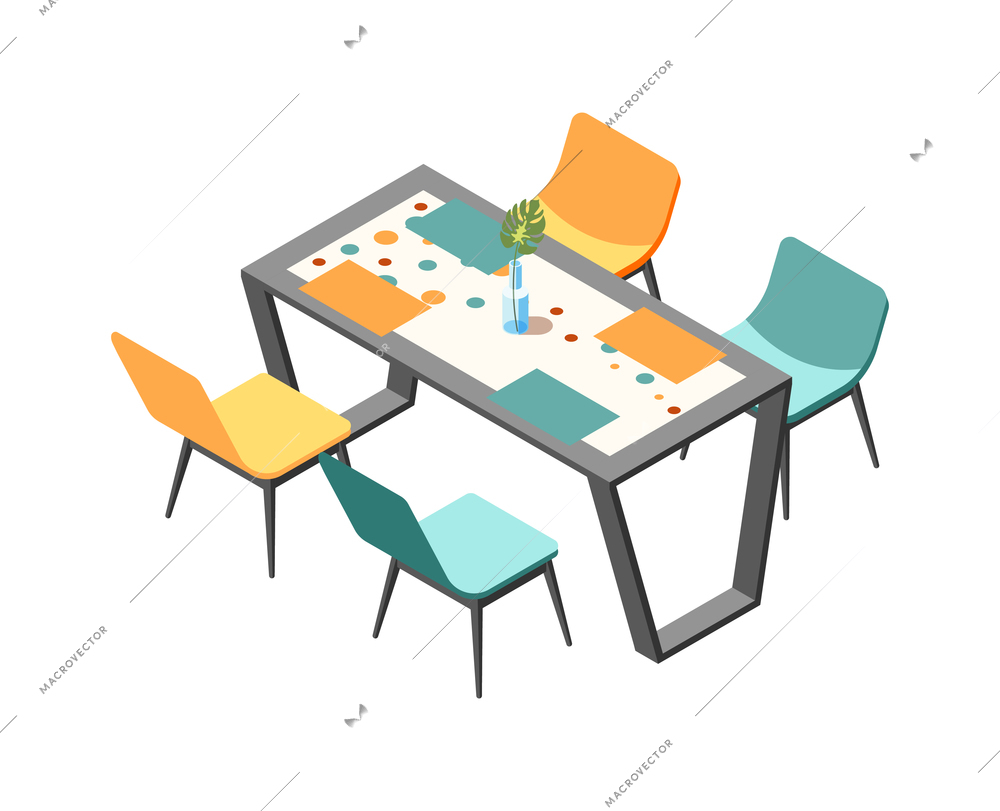 Modern dinner table with four colorful chairs isometric icon 3d vector illustration