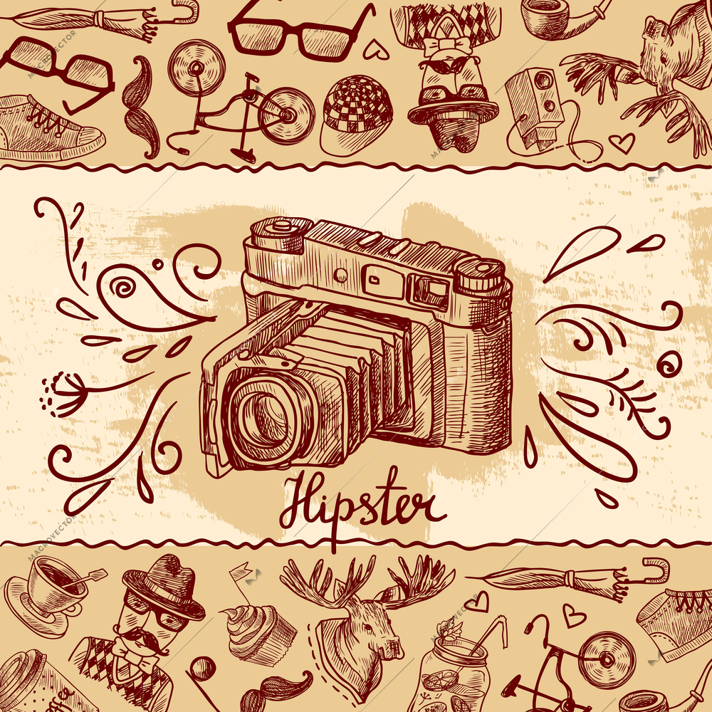 Hipster fashion sketch background with vintage photo camera vector illustration