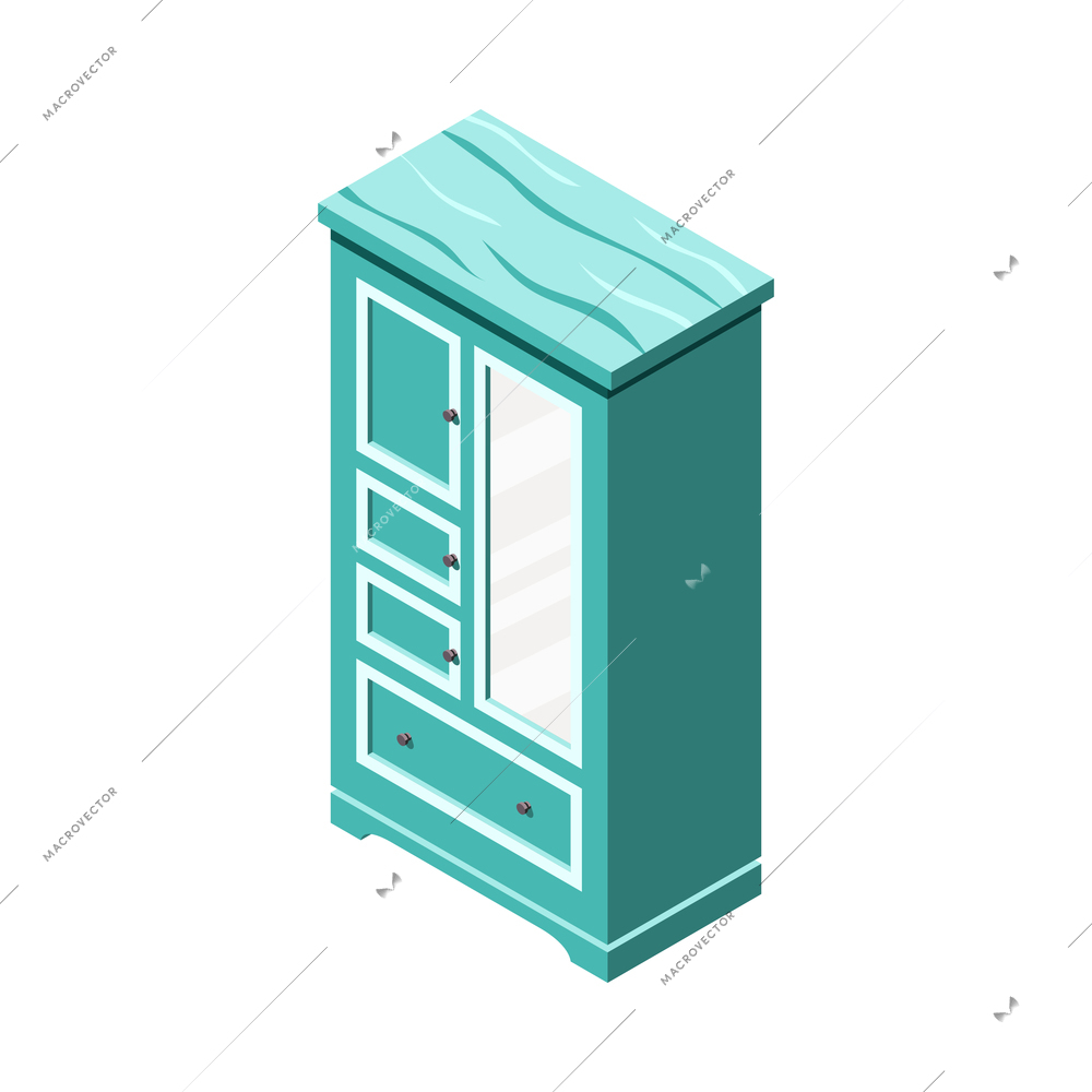 Isometric wooden wardrobe with drawers and mirror 3d vector illustration