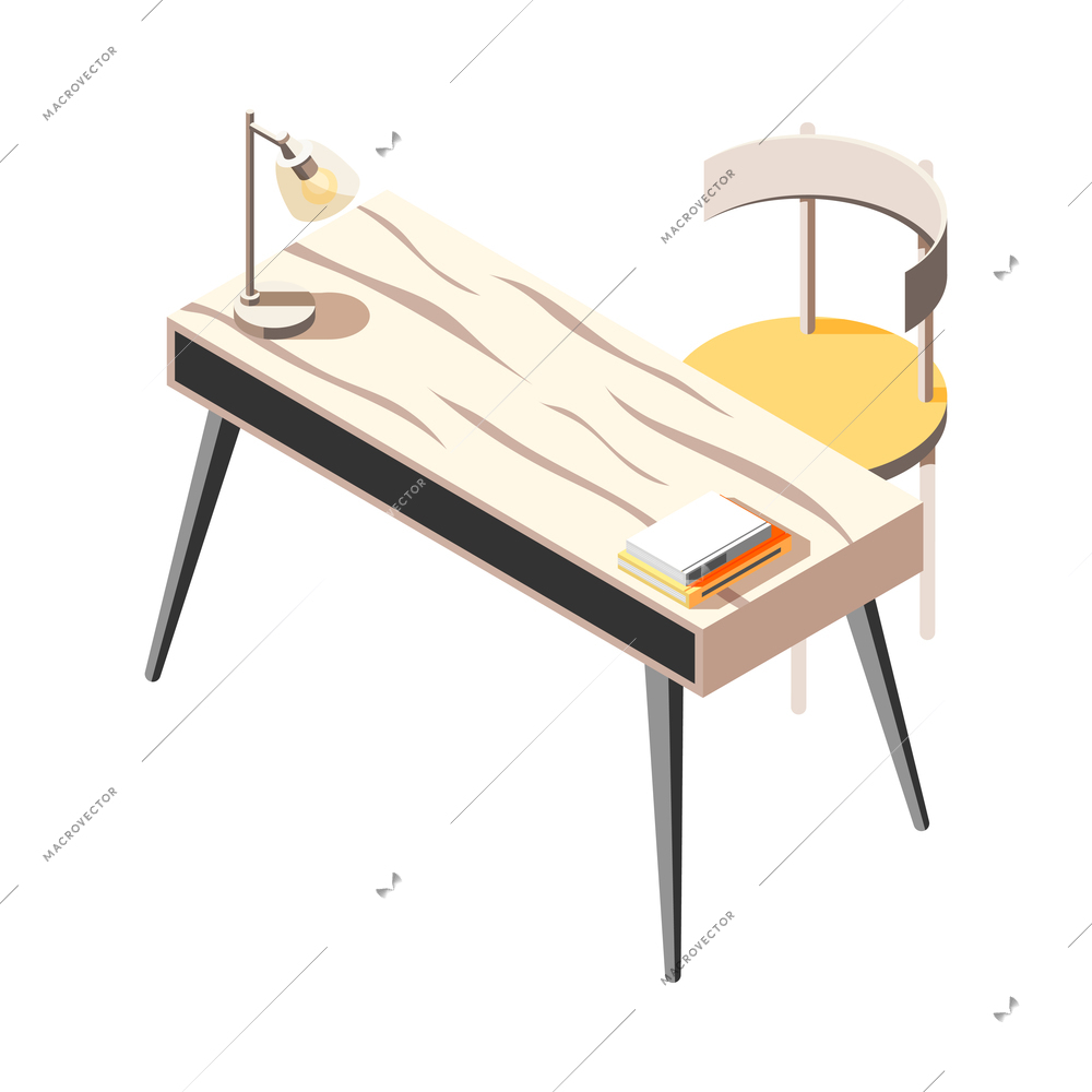 Wooden desk with chair lamp and books isometric icon 3d vector illustration