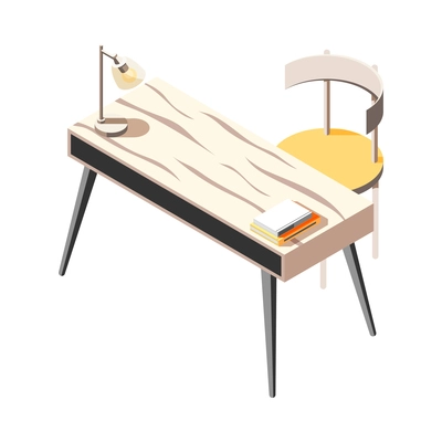 Wooden desk with chair lamp and books isometric icon 3d vector illustration