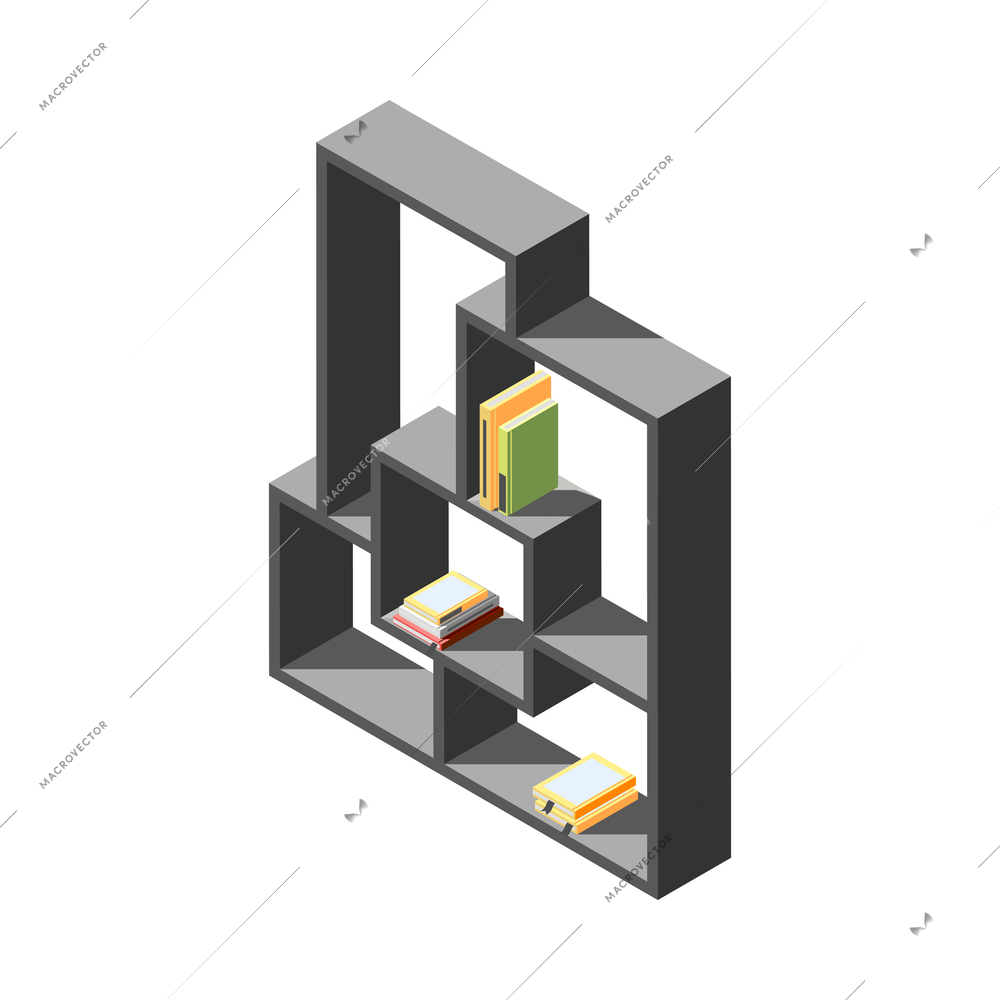 Modern black wooden rack with books on shelves 3d isometric vector illustration