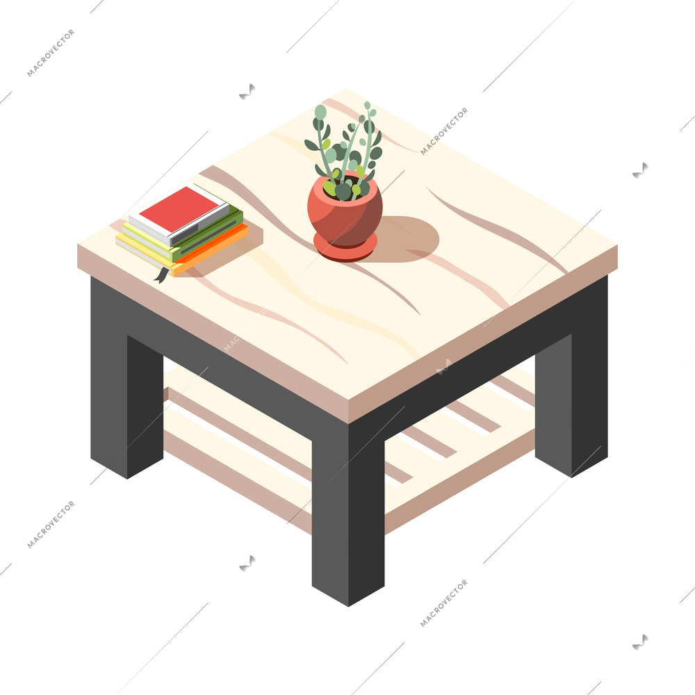 Modern wooden coffee table with stack of books and potted plant 3d isometric icon vector illustration