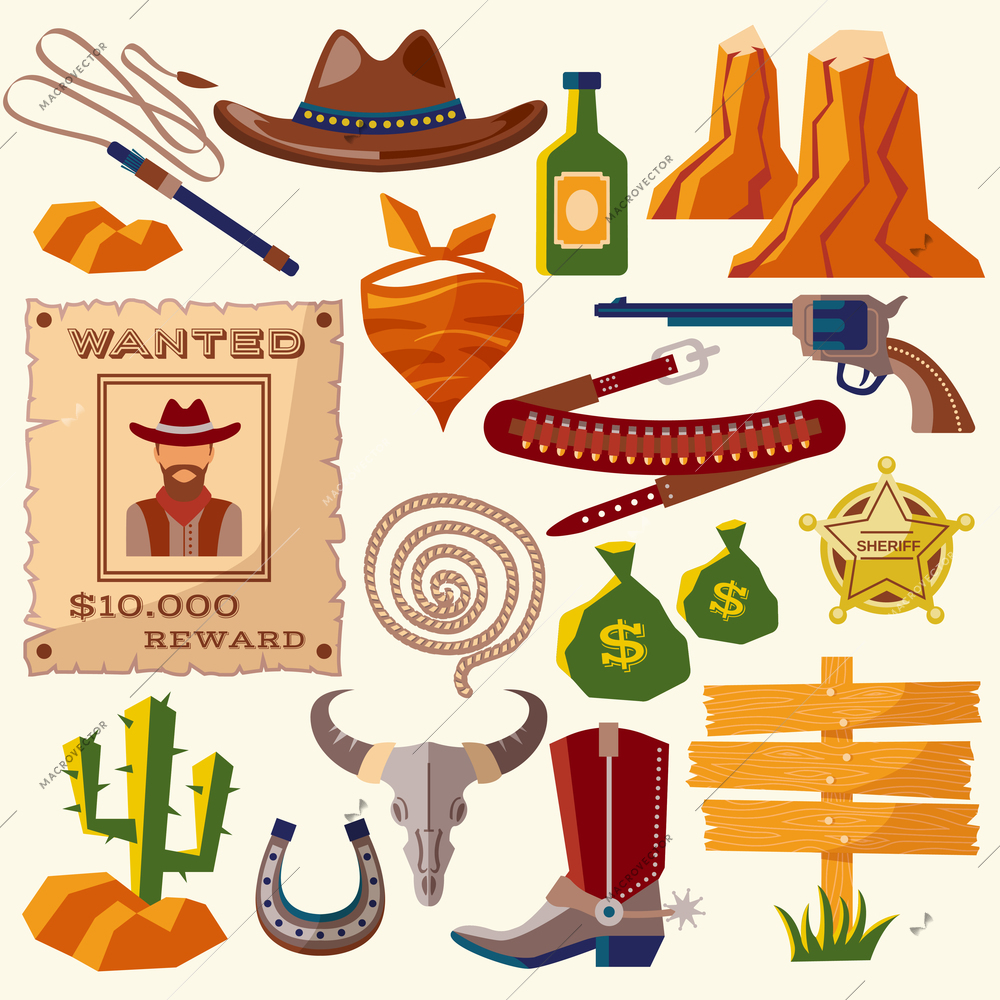 Wild west cowboy flat icons set with gun money bag hat isolated vector illustration