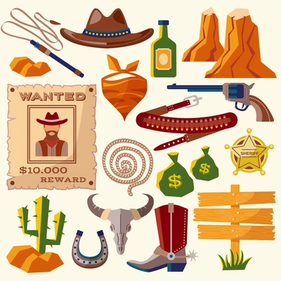 Wild west cowboy flat icons set with gun money bag hat isolated vector illustration