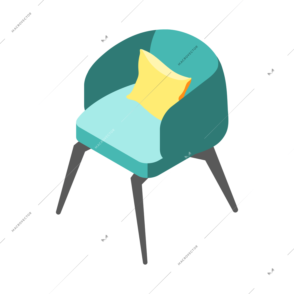 Modern armchair with yellow cushion 3d isometric vector illustration