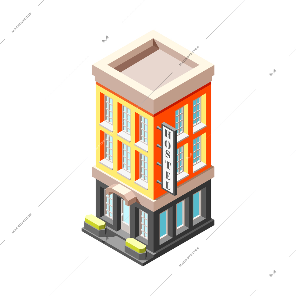 Isometric low rise hostel building exterior on white background 3d vector illustration