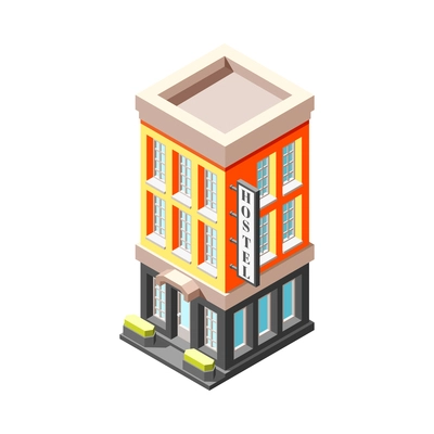 Isometric low rise hostel building exterior on white background 3d vector illustration