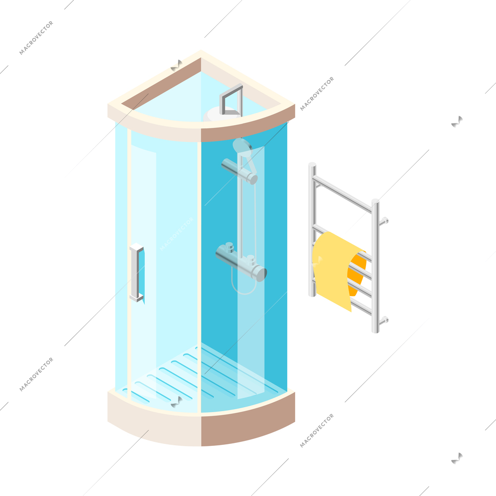 Modern shower cabin with glass door and towel rail on white background isolated isometric vector illustration
