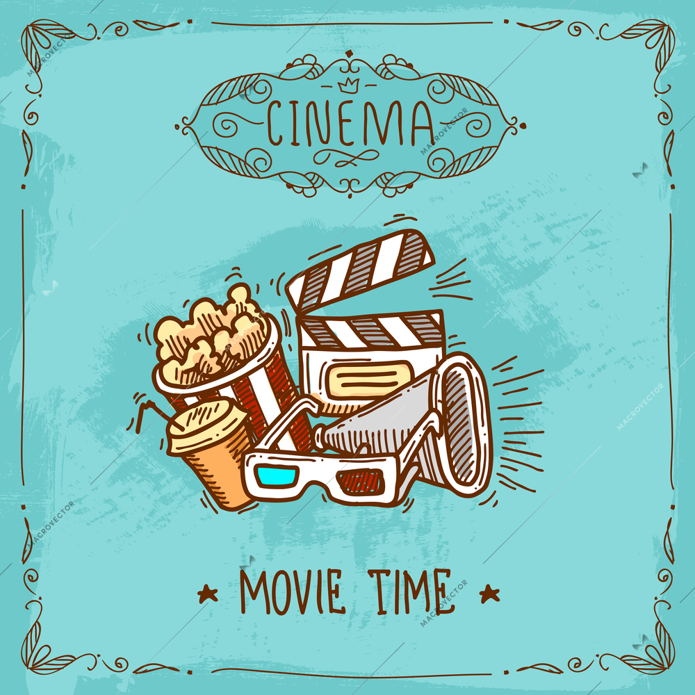 Cinema movie time sketch poster with popcorn glasses clapperboard and megaphone vector illustration