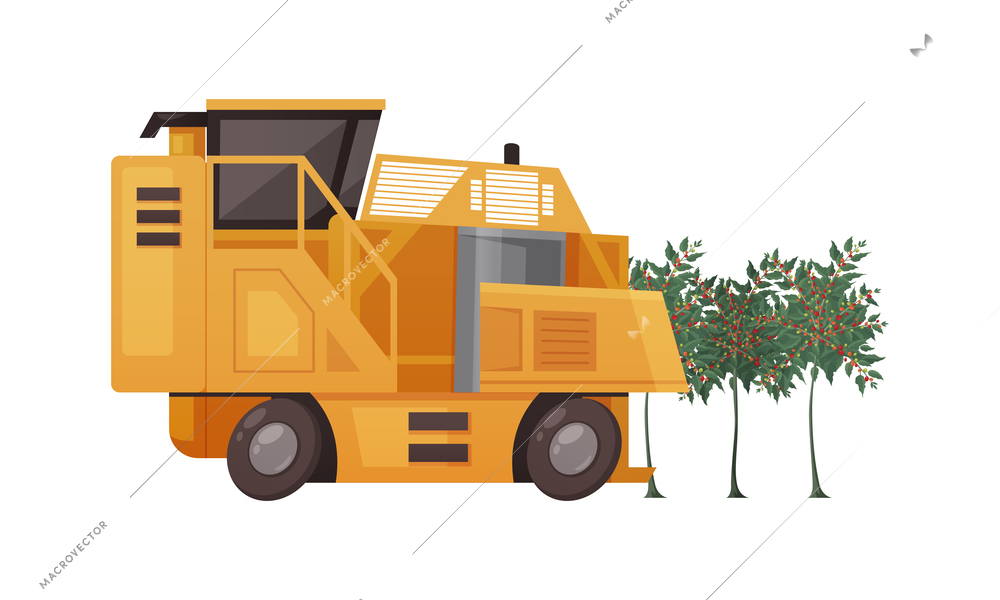 Yellow combine harvester for mechanized coffee berries harvesting cartoon vector illustration