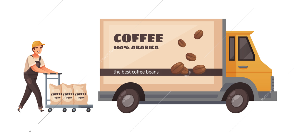 Coffee production goods transportation with delivery van and worker carrying three bags of beans cartoon vector illustration