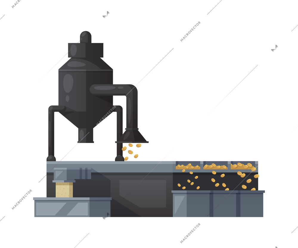 Coffee production cartoon icon with factory equipment on white background vector illustration