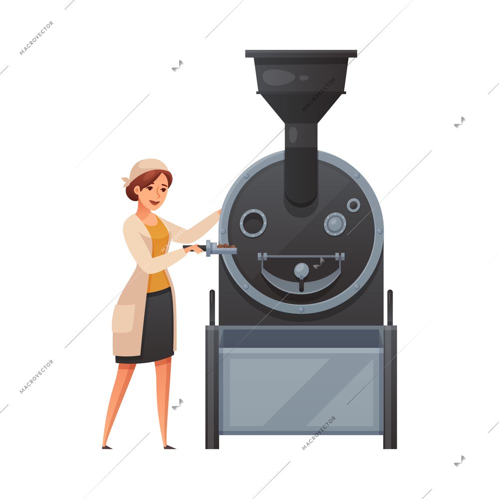 Coffee production factory equipment and female worker cartoon vector illustration