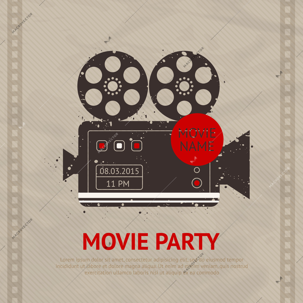 Retro movie cinema production poster with vintage camera device vector illustration