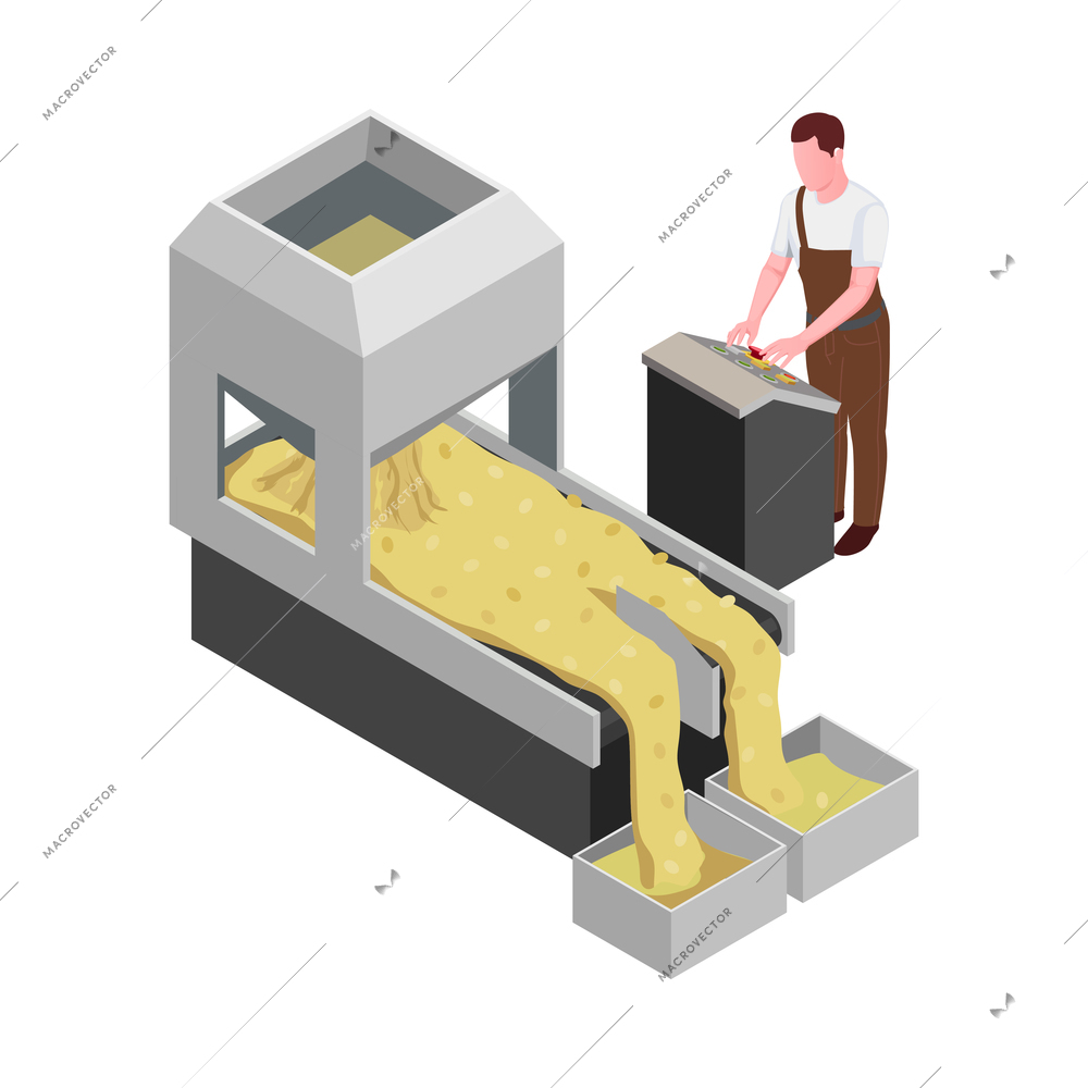 Coffee production icon with worker in uniform and equipment for sorting beans isometric vector illustration