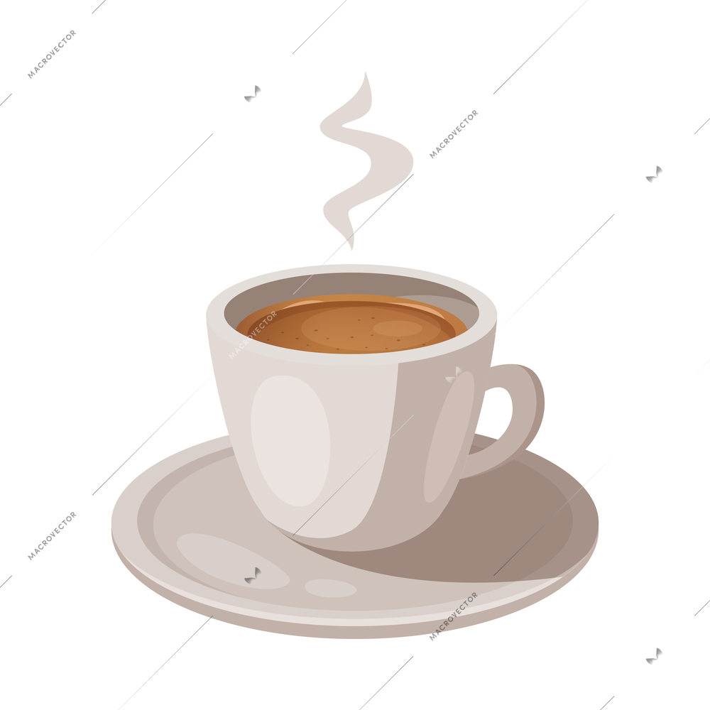 White cup of black coffee with foam on saucer in cartoon style vector illustration