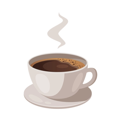 Cartoon cup of hot black coffee on saucer vector illustration