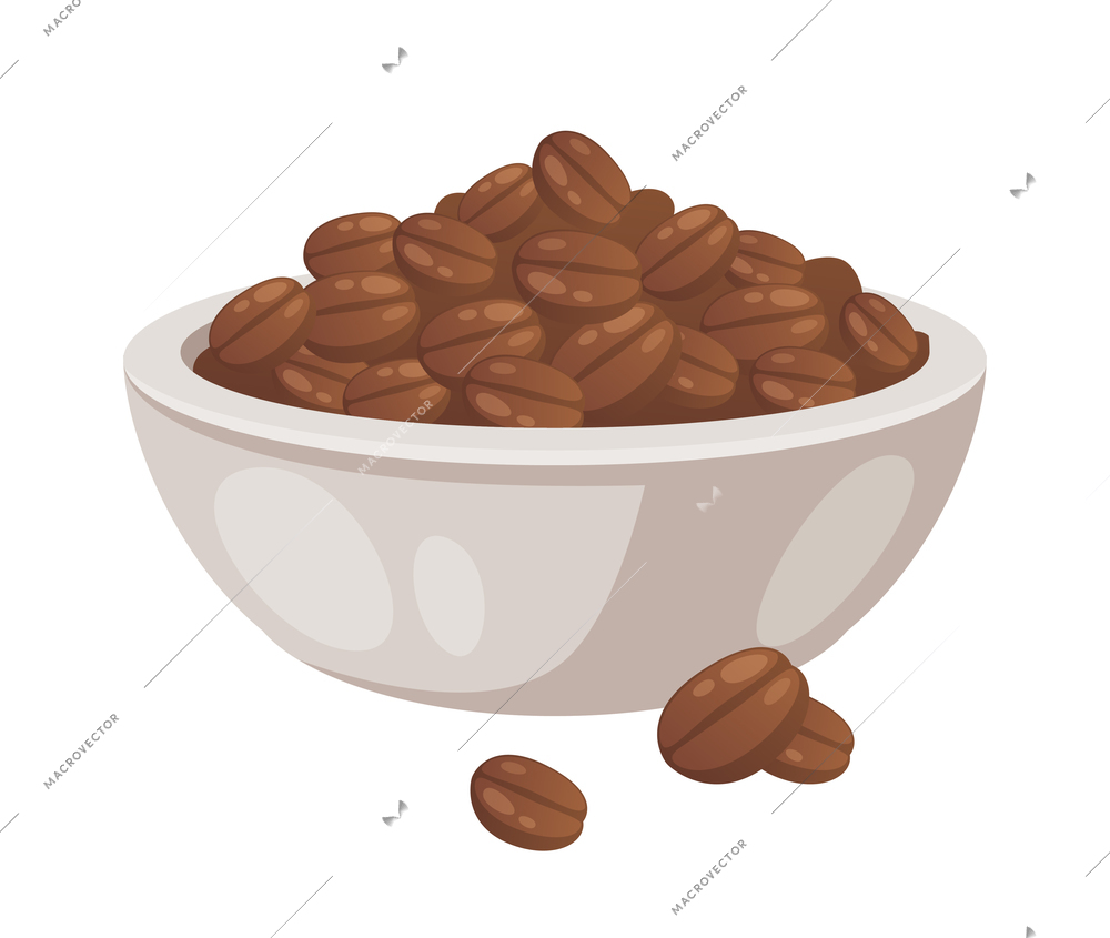 Pile of coffee beans in white bowl cartoon vector illustration