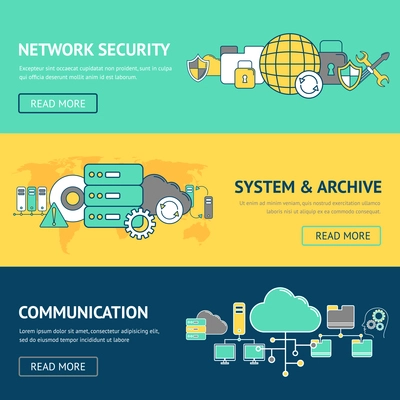 Network banners set with security system and archive communication isolated vector illustration