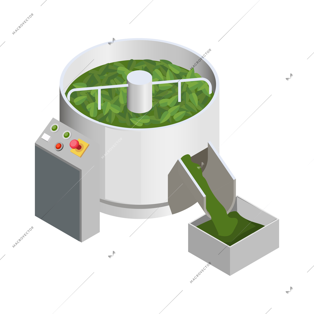 Tea industry icon with factory equipment for rolling isometric 3d vector illustration