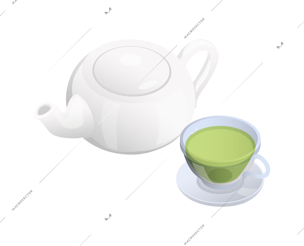 White pot and cup of green tea isometric icon vector illustration