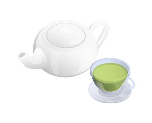 White pot and cup of green tea isometric icon vector illustration