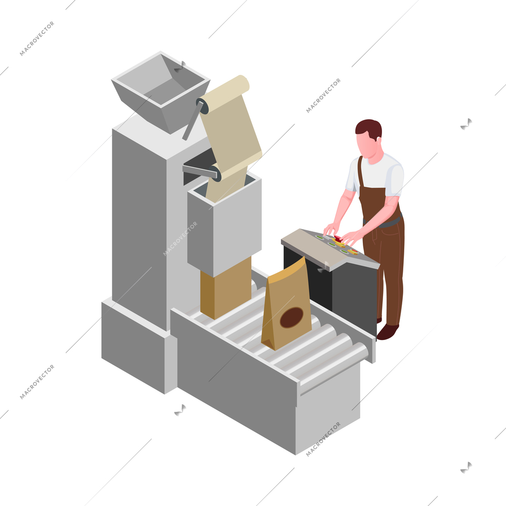 Coffee industry production isometric icon with worker packing goods using factory equipment vector illustration