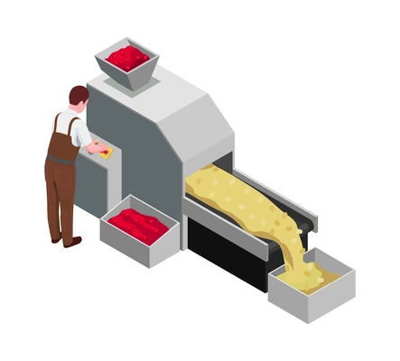 Coffee processing industry isometric icon with factory equipment and worker 3d vector illustration