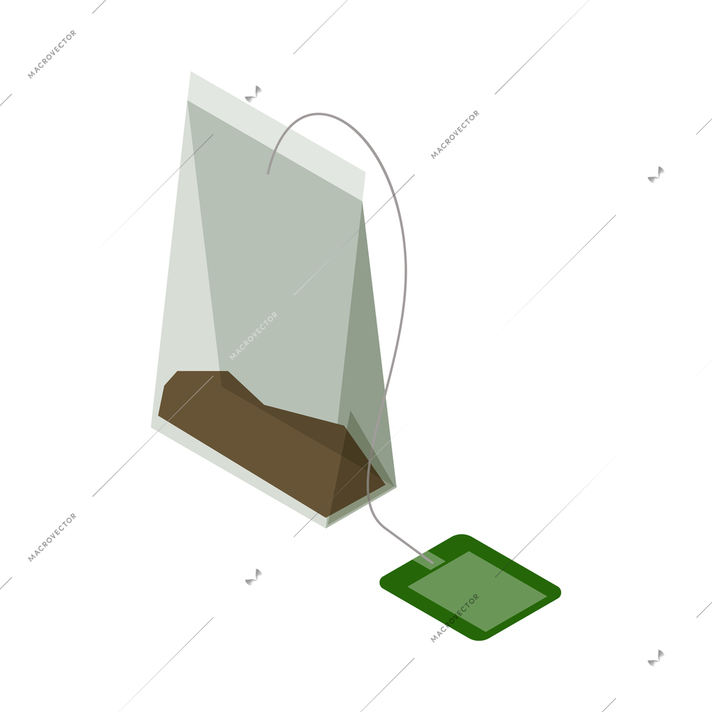 Isometric tea bag with green label on white background 3d vector illustration