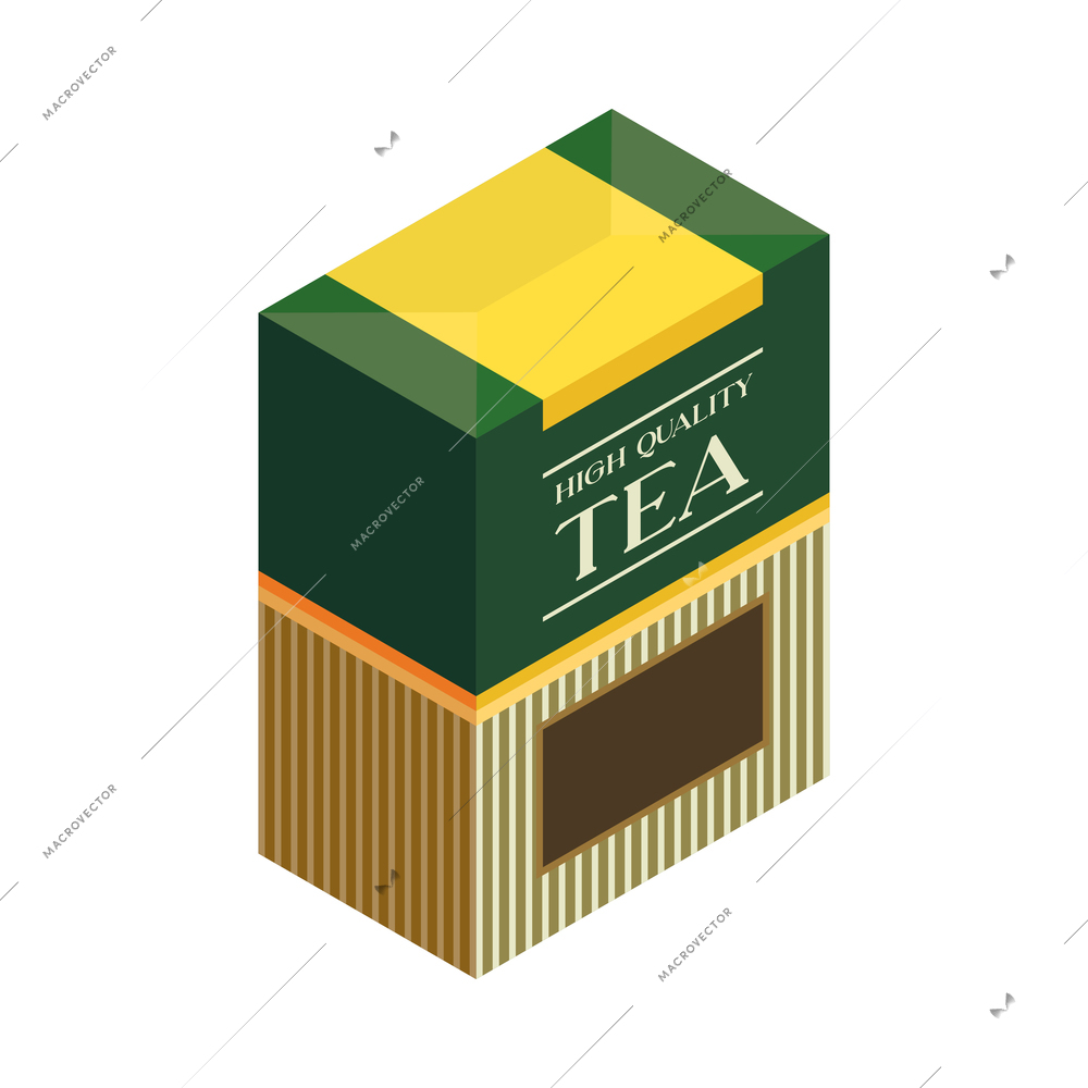 Isometric high quality tea packaging on white background 3d vector illustration