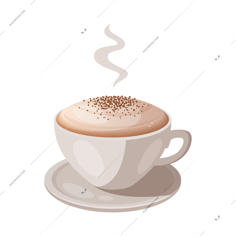 Cartoon cup of hot cappuccino with cinnamon on saucer vector illustration