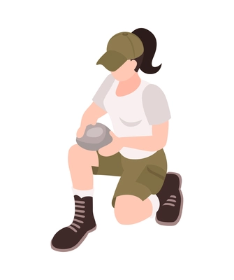 Isometric female character of professional geologist on white background 3d vector illustration