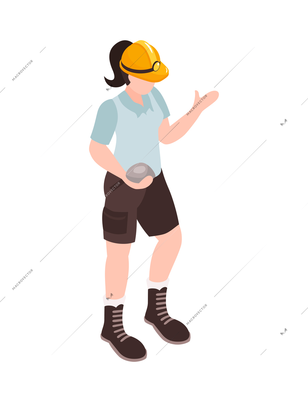 Female geologist wearing helmet and holding stone 3d isometric icon vector illustration